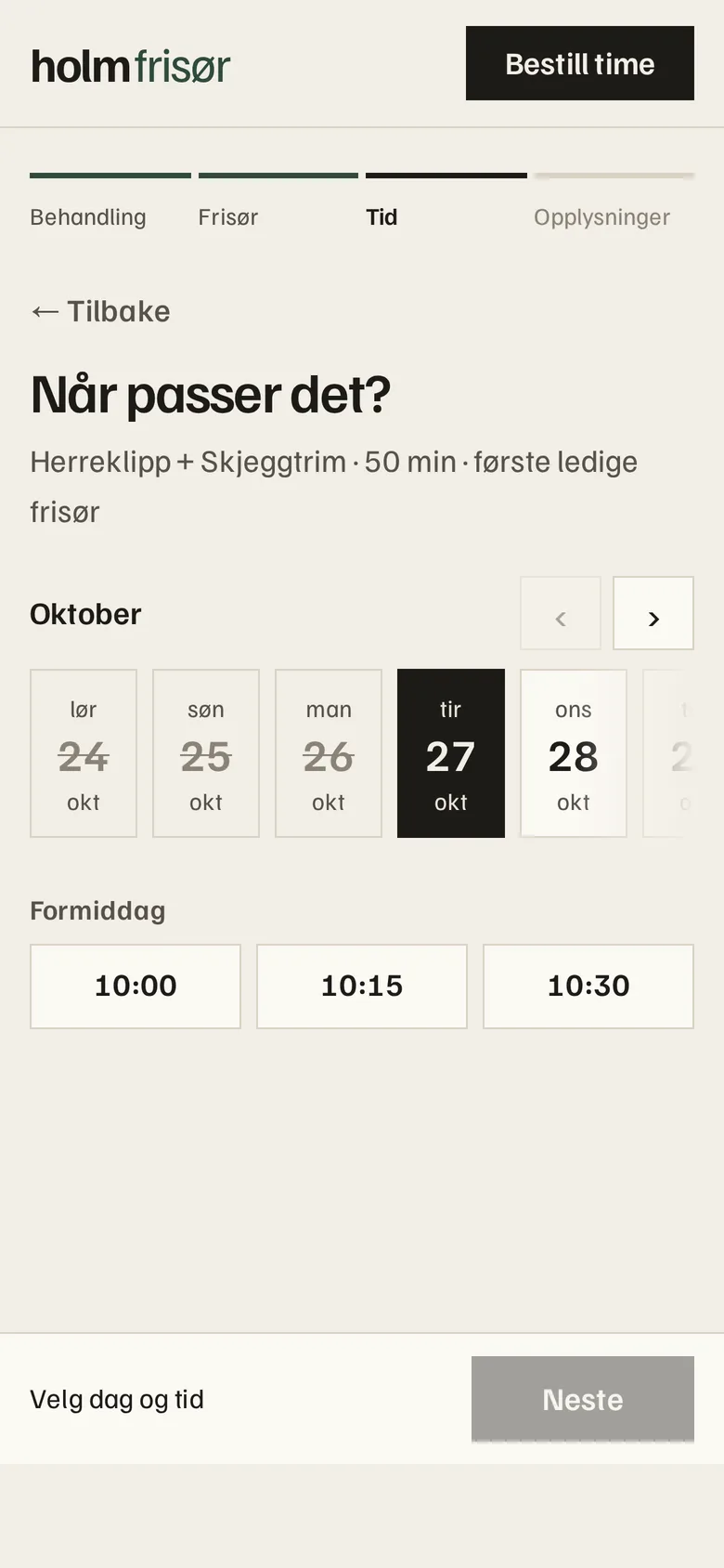 Kunden velger dag og tid.